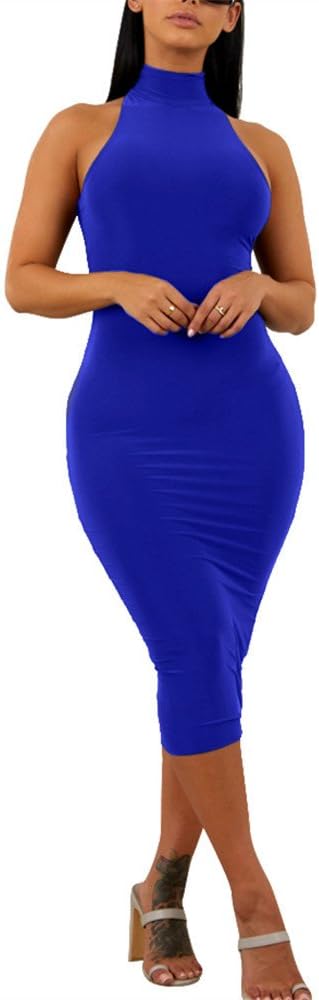A high neck and long sleeves balance the close cut of this royal blue bodycon midi dress for evening events.