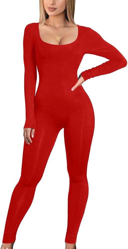 A full-length red bodycon jumpsuit cut with a curved scoop neckline and long set-in sleeves in flexible stretch fabric.