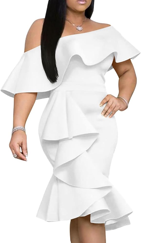 A white off the shoulder midi dress cut close through the hips with side ruffles and a flared fishtail hem.