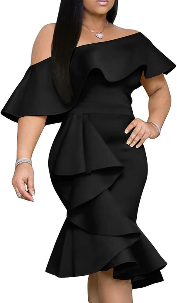 An elastic off-the-shoulder midi dress in black stretch knit, finished with cascading side ruffles and a flared hem.