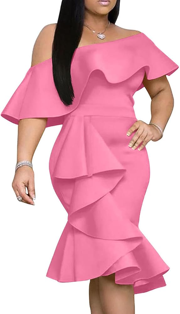 An off the shoulder midi dress in carmine rose stretch knit, finished with shoulder ruffles and a flared hem for movement.