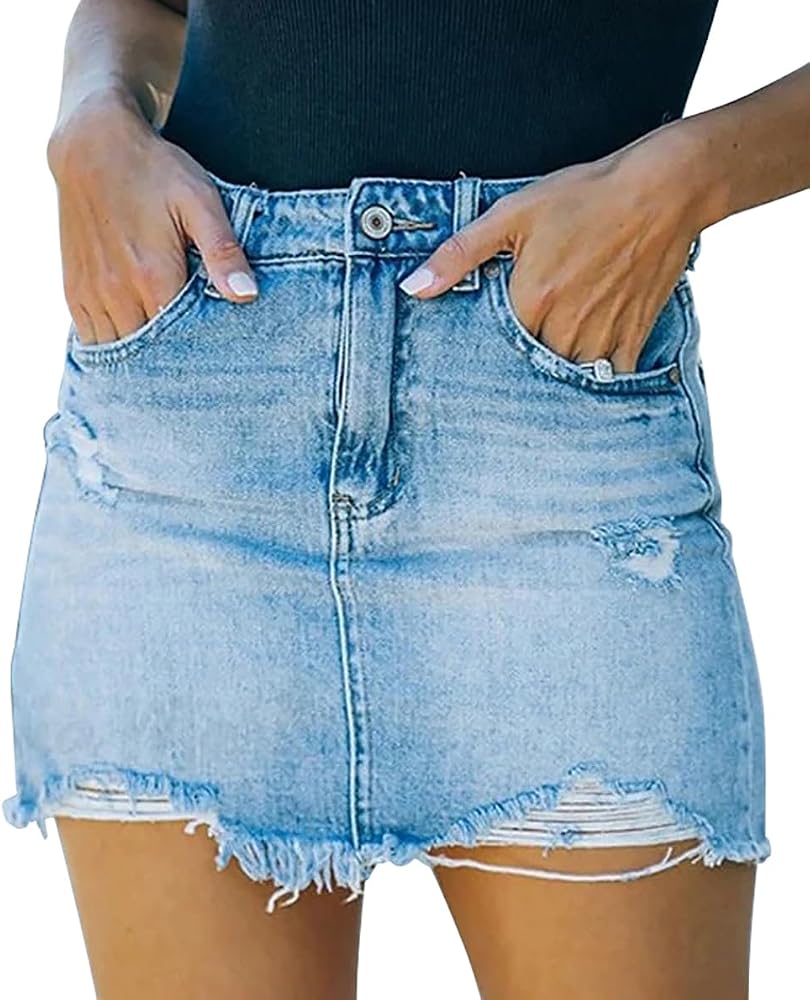 Cut from blue stretch denim, this mini skirt features a frayed raw hem, ripped distressing, and a classic four-pocket design.