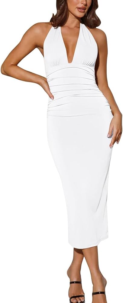 An open back midi dress cut with an adjustable halter tie, ruched waistline seams, and a fully double-lined stretch body.