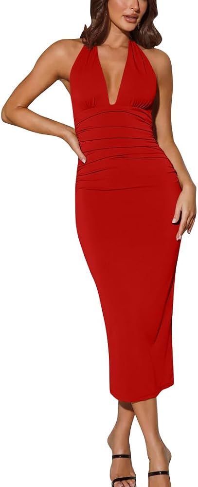 A double-lined red midi cut with a halter V-neckline, open back, and ruched seams through the body.