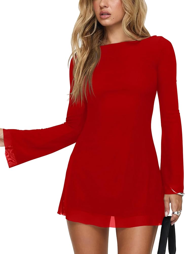 A red long sleeve mini dress cut close through the body with a boat neckline, flared sleeves, and an open back tied with fabric cords.