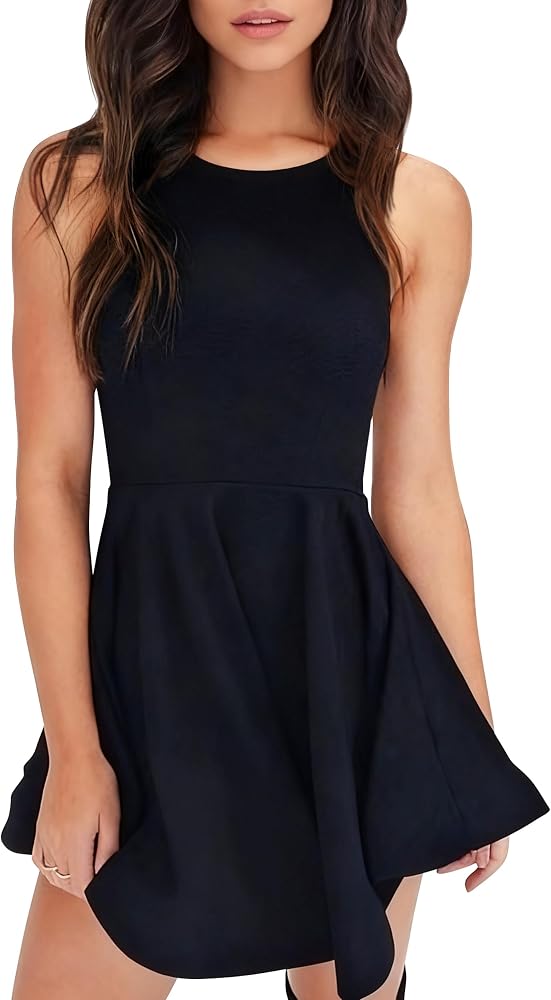 A sleeveless skater mini dress cut with a wide boat neckline, fitted bodice, and an A-line flared hem for club nights.