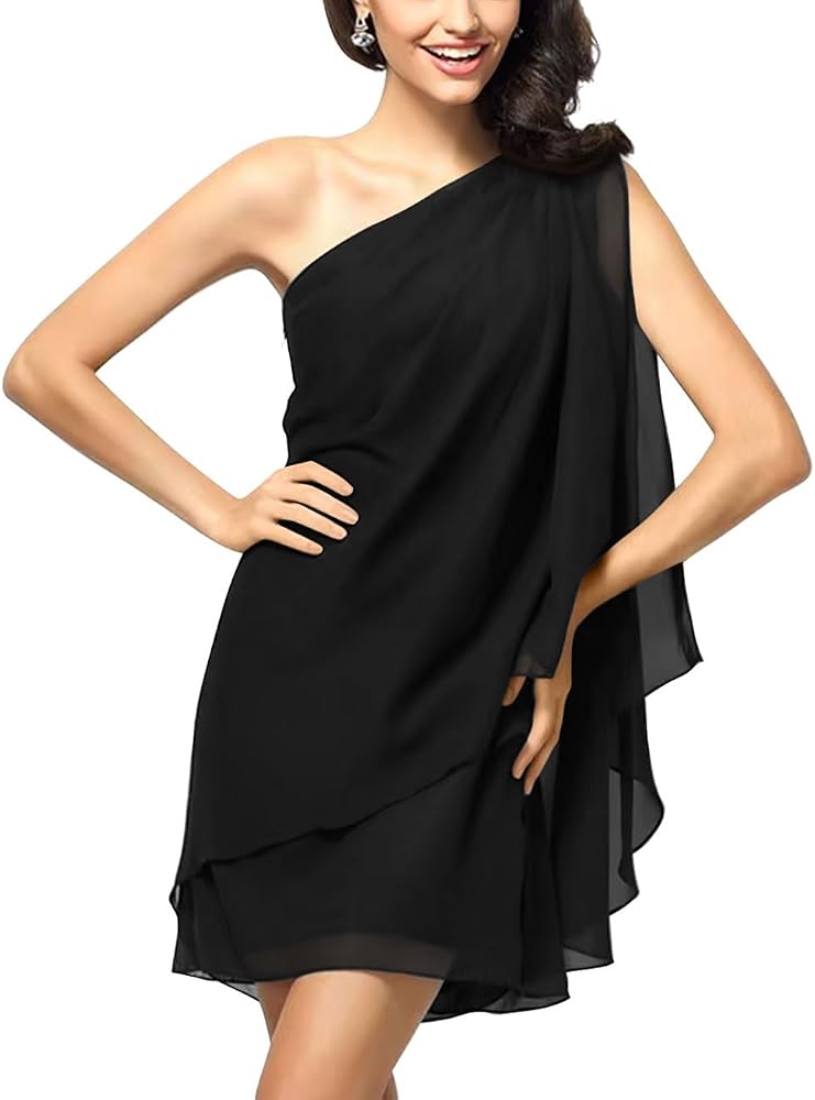 A one-shoulder mini dress cut in black chiffon with mesh detailing, shaped for summer cocktail parties and evening events.