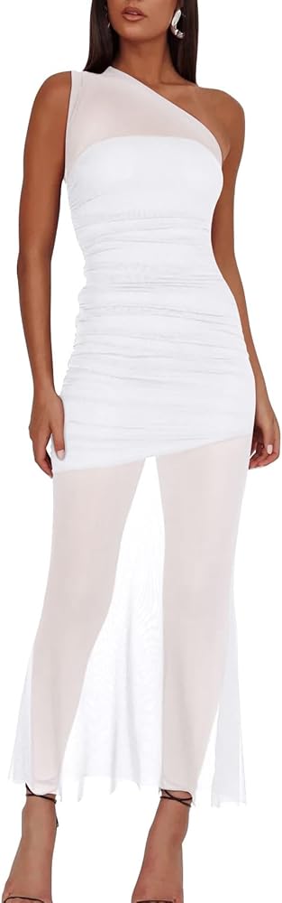 An asymmetrical one-shoulder cut paired with a sheer mesh overlay and gathered ruching throughout the body.