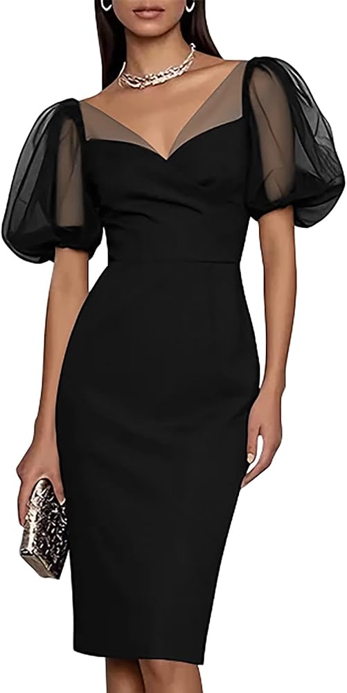 A black bodycon pencil midi dress featuring short puff sleeves in sheer mesh and a clean V neckline.