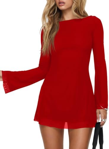 A red bodycon mini dress cut with a wide boat neckline and long flared sleeves in a smooth stretch knit.