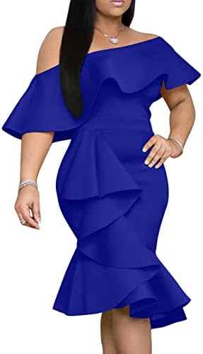 An off the shoulder midi dress in royal blue stretch knit, cut with ruffle trims, a side cascade, and a back zipper.