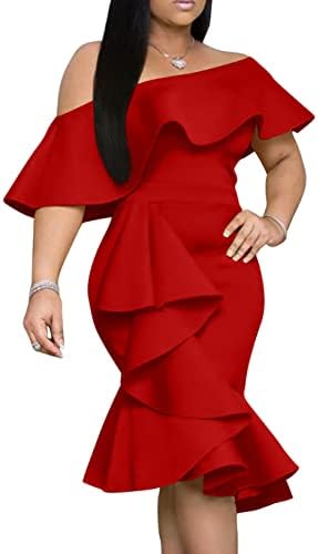 Ruffled trim frames an off the shoulder neckline on this stretch midi dress with a back zipper and flounce hem.