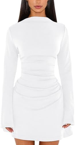A white mock neck mini dress cut with long sleeves and dense side ruching along an A-line body.
