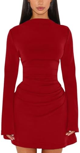 We shaped this red mini dress with a clean mock neck, fitted sleeves, and side ruching along an A-line body.