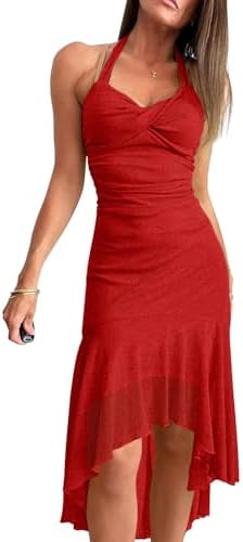 A red halter midi dress with a sleeveless cut, gathered bust and waist ruching, and an asymmetric high-low hem.