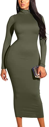 A high turtle neck midi dress in olive stretch knit, cut close through the body with long set-in sleeves and a back zipper.