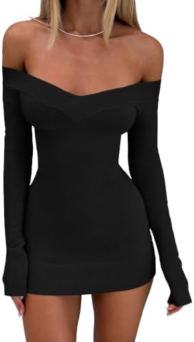 A ribbed knit mini dress cut with an open off-shoulder V neckline, fitted long sleeves, and clean ribbed edges.