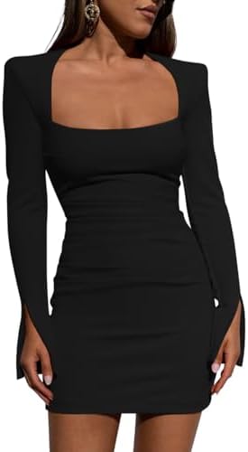 A square neck mini cut close in opaque stretch jersey, finished with waist ruching and fitted long sleeves in solid black.
