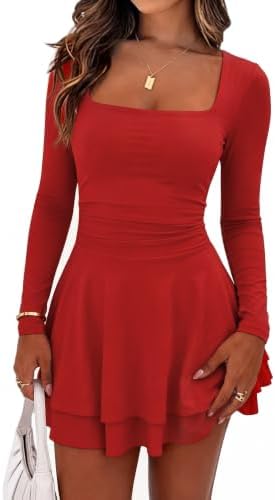 A square neck cocktail mini in red stretch knit, cut with fitted long sleeves and a gathered waist.