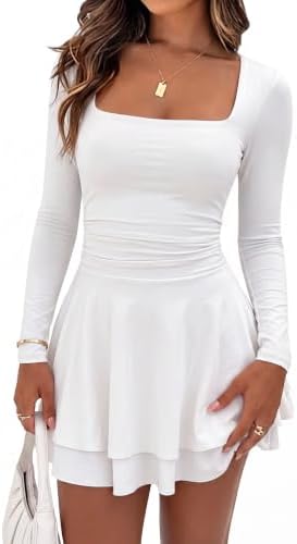 A white long sleeve mini dress featuring a wide square neckline, ruched waistband, and a flared layered skirt.