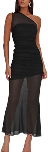 One-shoulder black dress with a sheer mesh overlay and gathered side ruching down to a semi-transparent hem.