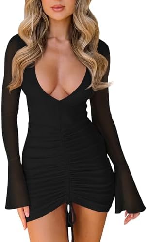 A deep V-neck mini cut from double-layered stretch mesh with side drawstrings to set the skirt length where you want it.