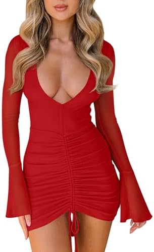 A red stretch mesh mini with a deep V-neckline, adjustable drawstring side seams, and a full double lining.