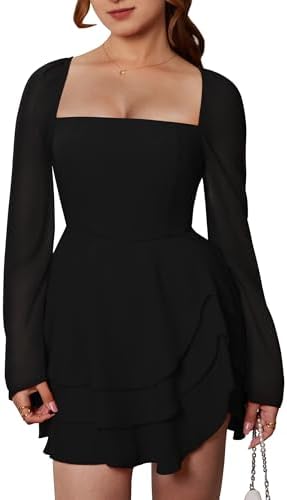 A square-neck mini in black chiffon, built with bell sleeves, tiered hem ruffles, and a gathered tie back for an adjustable fit.