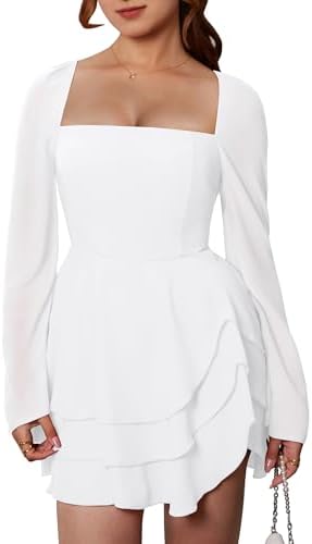 A square-neck white chiffon mini with tiered ruffle hems, bell sleeves, and a back knot tie over an elastic waist.