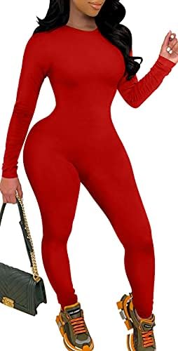 A full-length red jumpsuit cut close with long sleeves and a hidden back zipper in stretch knit.
