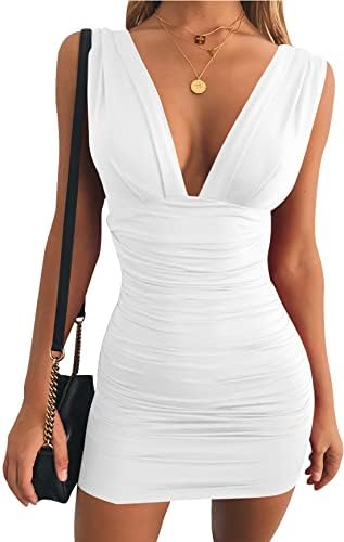 A white sleeveless mini dress cut with a deep plunging V-neckline, an open back, and all-over bodycon ruching.