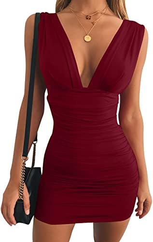 A sleeveless wine red mini dress with a plunging front, an open back, and gathered side seams in stretch knit.
