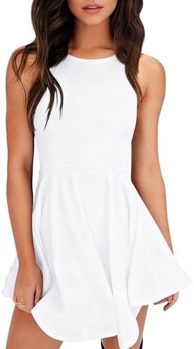 A sleeveless skater mini dress in white, cut with a high boat neck and a clean flared skirt for summer parties.