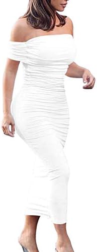 An off the shoulder white midi dress cut close through the hips, finished with soft arm ruffles and all-over gathering.
