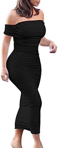 An off shoulder midi dress cut in high-stretch black fabric with a fold-over neckline and a clean pencil skirt.