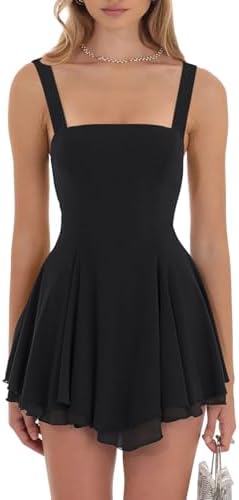 A square neck summer mini in black with wide shoulder straps, an open lace-up back, and a flared skater skirt cut for warm nights.