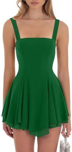 A square neck summer mini in green, cut with a lace-up open back and an A-line skirt that moves easily.