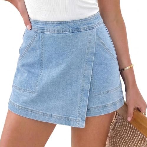 A high-waisted denim skort in classic blue wash, built with inner shorts, functional pockets, and an elastic waistband.