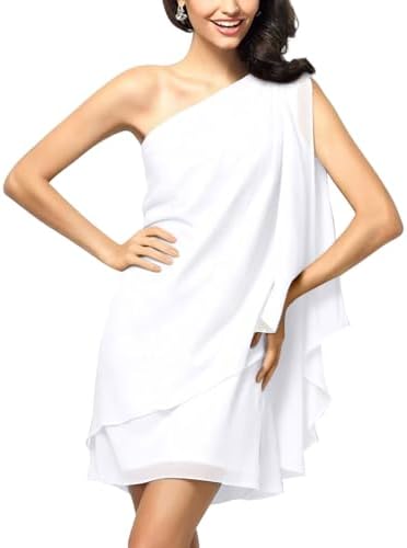 A one-shoulder white mini dress cut with a breathable mesh overlay and a lightweight chiffon cape sleeve for summer parties.