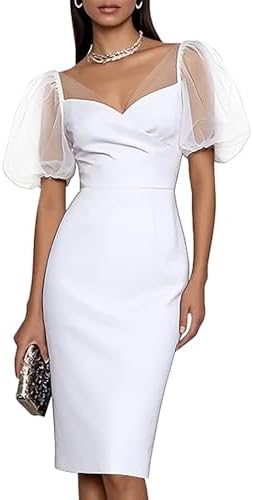 A white midi pencil dress cut with short mesh puff sleeves, a fitted body, and a clean neckline for dinner or cocktail events.