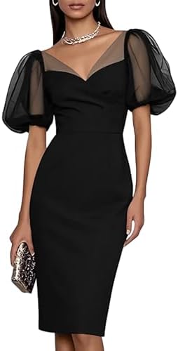 A black pencil midi dress cut with an open V neckline, sheer mesh puff sleeves, and a close bodycon line through the skirt.