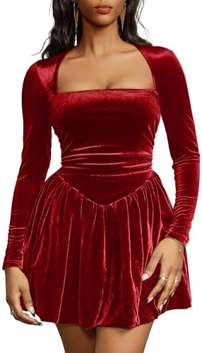 A red velvet mini dress with long sleeves, a square neckline, and a gathered bubble hem on the short skirt.
